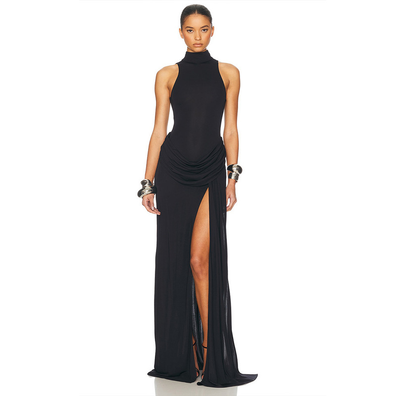 European and American Foreign Trade Summer Fashion Sexy High-Slit Waist-Cinching Women's Long Dress Cross-Border Elegant Sleeveless Pleated Dress European and American Foreign Trade Summer Fashion Sexy High-Slit Waist-Cinching Women's Long Dress Cross-Border Elegant Sleeveless Pleated Dress