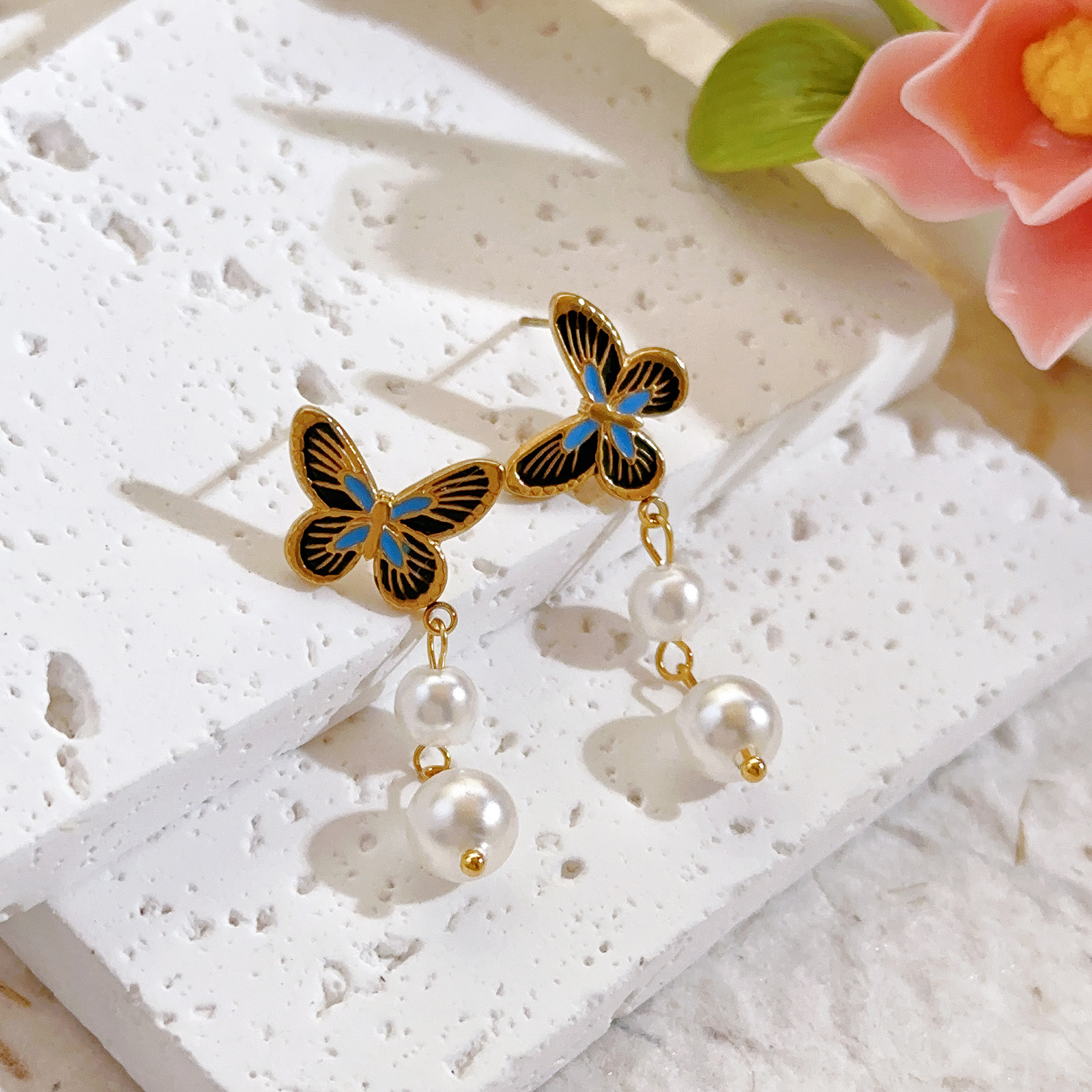 Nuevo estilo francés azul y oscuro, mariposa de titanio, perla de acero, collar de acero de titanio, joyería femenina, conjunto de temperamento, pulsera, pendientes image 2