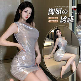 花之都情趣内衣性感单肩礼服夜店酒吧蹦迪亮面女装性感斜肩无袖裙