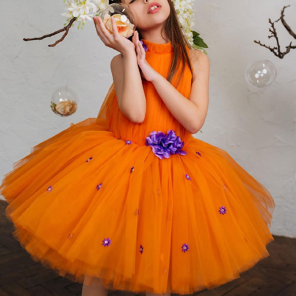 오렌지  생일 공주 원피스 2025 새로운 대외 무역 민소매 목 귀여운 꽃 소녀 공연 어린이 원피스
