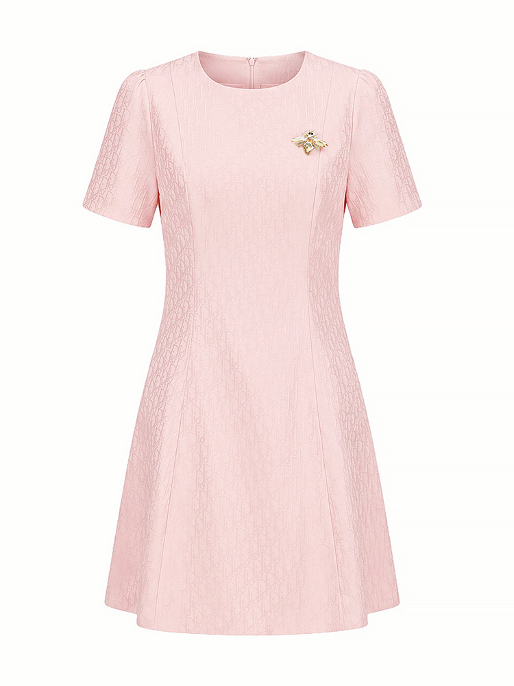 Đầm ngắn tay thắt eo jacquard kiểu dáng thanh lịch mùa hè — màu hồng