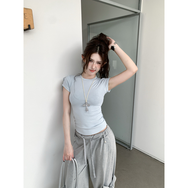 夏季新款性感辣妹基础款正肩圆领收腰显瘦轻薄短袖T恤女上衣