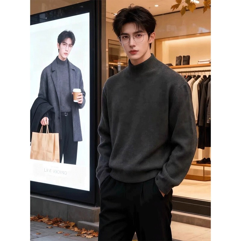 Half Turtleneck Knitwear for Men, Autumn and Winter Trendy Brand High-End Thickeneded Knitwear, Lazy Style Slim Fit Inner Layering Shirt