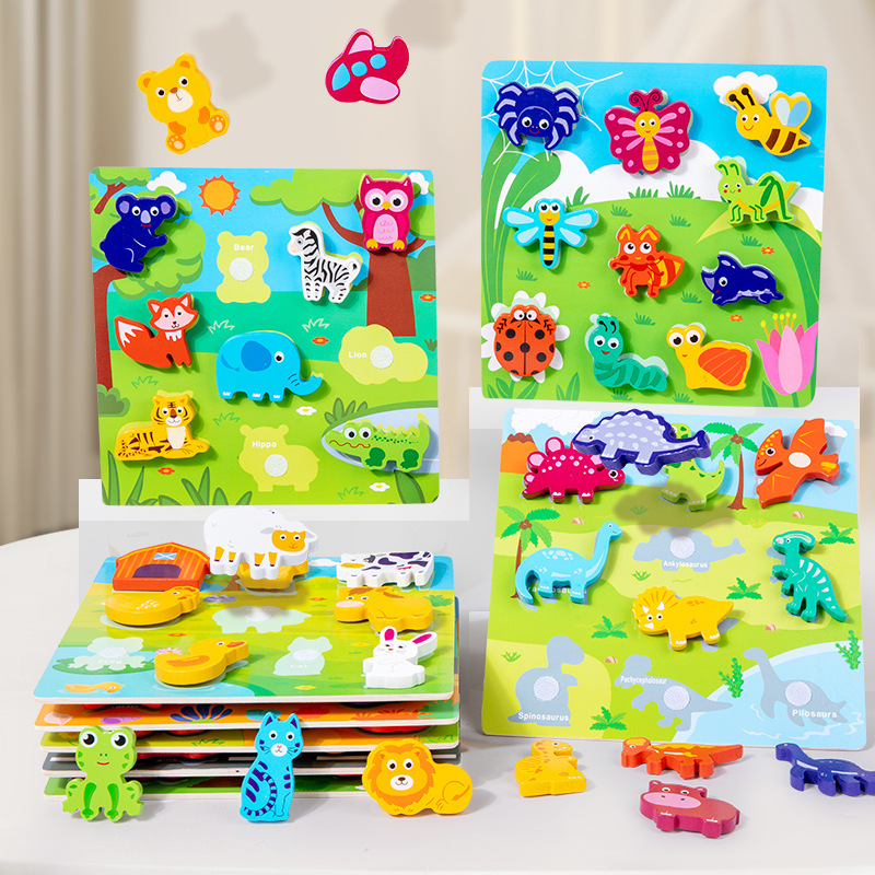 Jardín de infantes iluminación cognitiva infantil dibujos animados cognición animal agarrar tablero de madera puzzle tridimensional juguetes de madera image 3