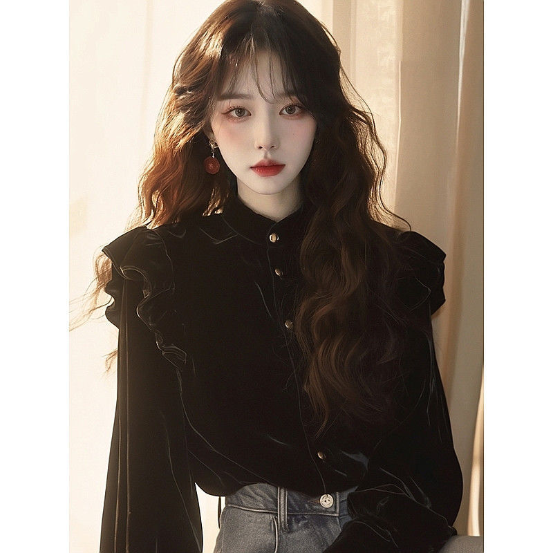 French-Style Hepburn Black Velvet Top 2026 Early Spring and Winter New Model Stunning Princess Shirt