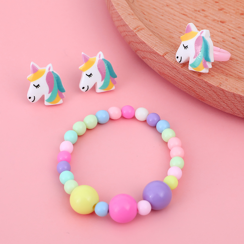 Unicorn Acrylic Handmade Beaded Earrings Ring Bracelet Three-Piece Set