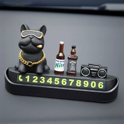 Car Temporary Parking Number Plate, Vehicle-Mounted 3D Moving Phone Number Plate, Personalized Creative High-End Interior Decoration (Car ornaments) - black-french-bulldog-2-wine-bottles-radio-black-ordinary-parking-sign