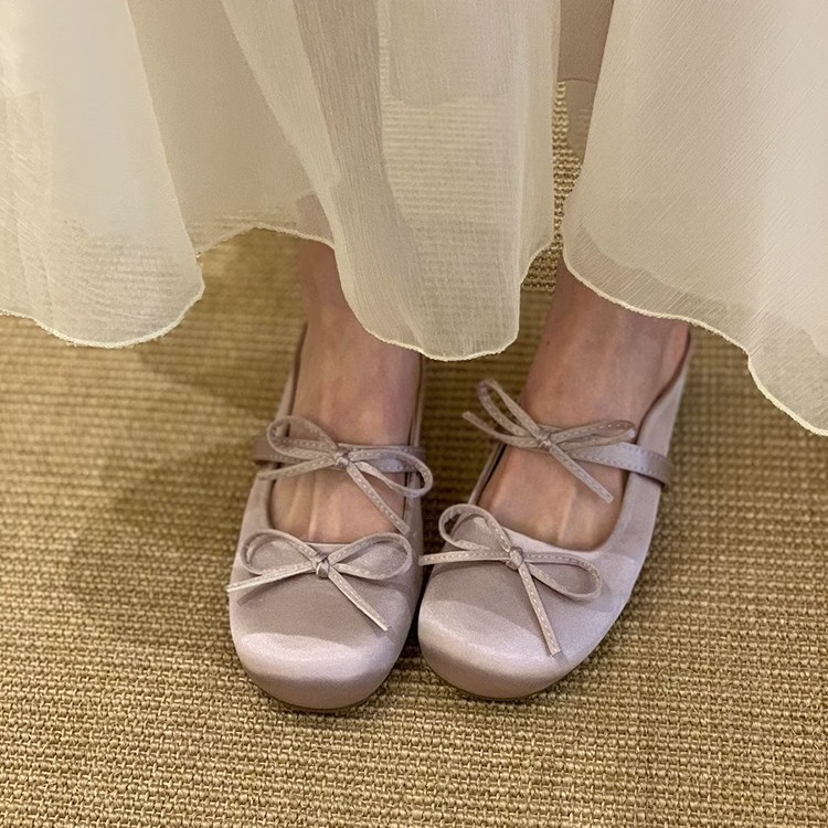 Inner realce francés púrpura Baotou medias pantuflas mujer 2025 nuevo estilo primavera y verano lazo Mary Jane Ballet zapatos individuales