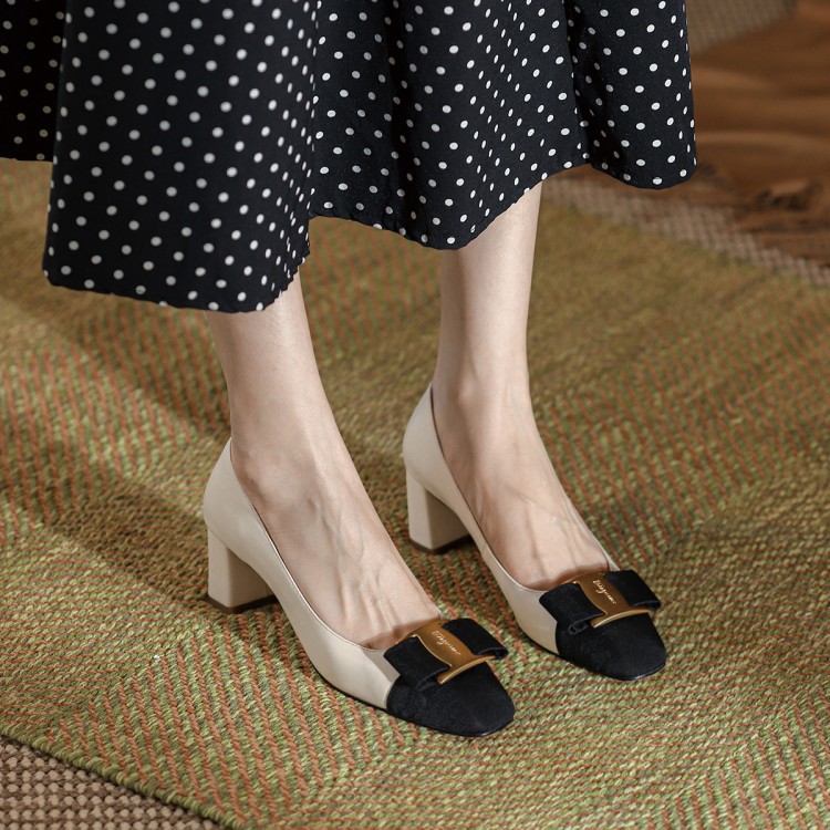 Cowhide single shoes, spring mid-heel small leather shoes, British style block heel women's leather shoes, color-blocking women's shoes_voghion.com