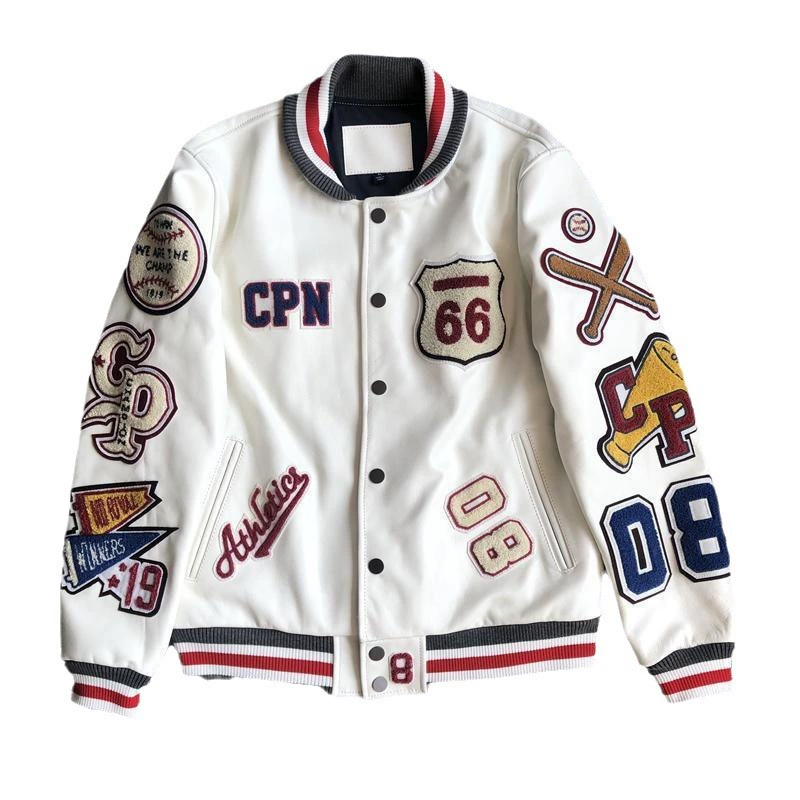 Demi-season baseball uniform, white jacket, genuine leather, with embroidery