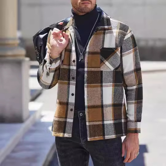 Amazon Independent Station Men's Autumn and Winter New Flannel Scrub Lapel Long Sleeve Casual All-match Plaid Shirt