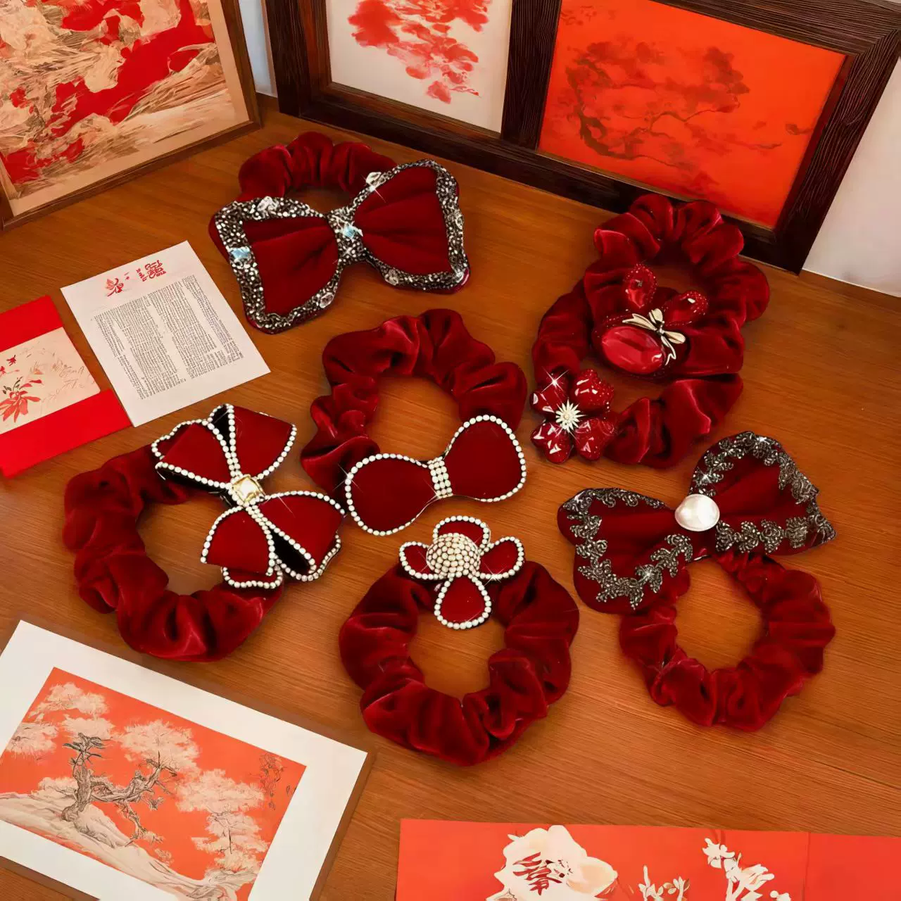 六公分同款新年红色丝绒水钻蝴蝶结大肠发圈红色头绳网红洋气发饰