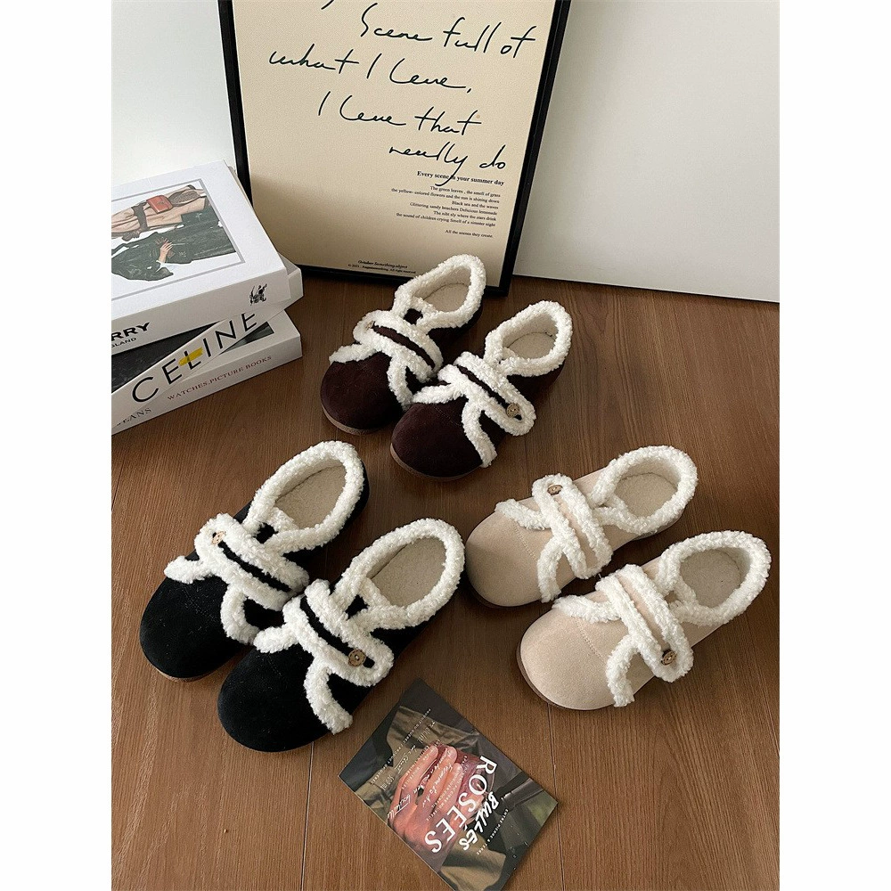 Французская обувь Мао, женская зимняя одежда, 2023, новые универсальные туфли на плоской подошве на флисовой подкладке, повседневные туфли-лодочки, обувь Мао