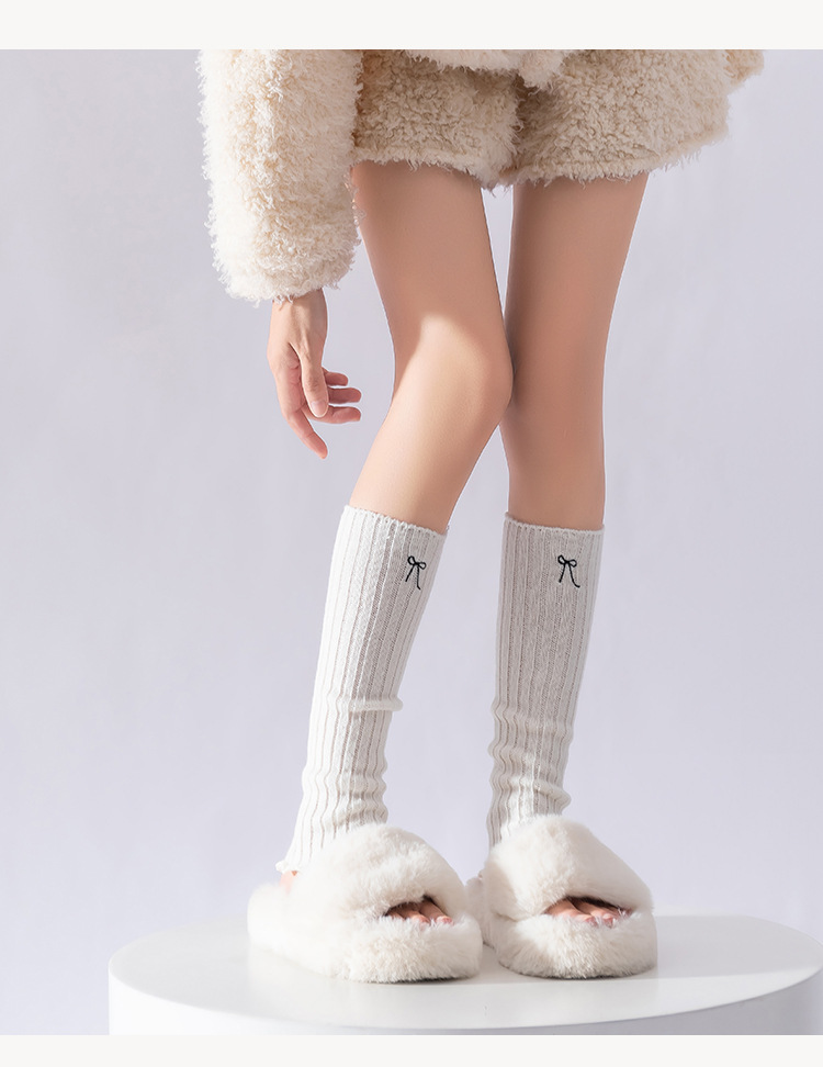 Leg Warmers Women's Autumn And Winter Pile Socks With Embroidered Bows, Maillard Ruffles And Japanese Style Knitted Calf Socks_voghion.com