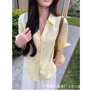 pusumed季风独白 莱赛尔亚麻V领五分袖衬衫女宽松休闲通勤衬衣