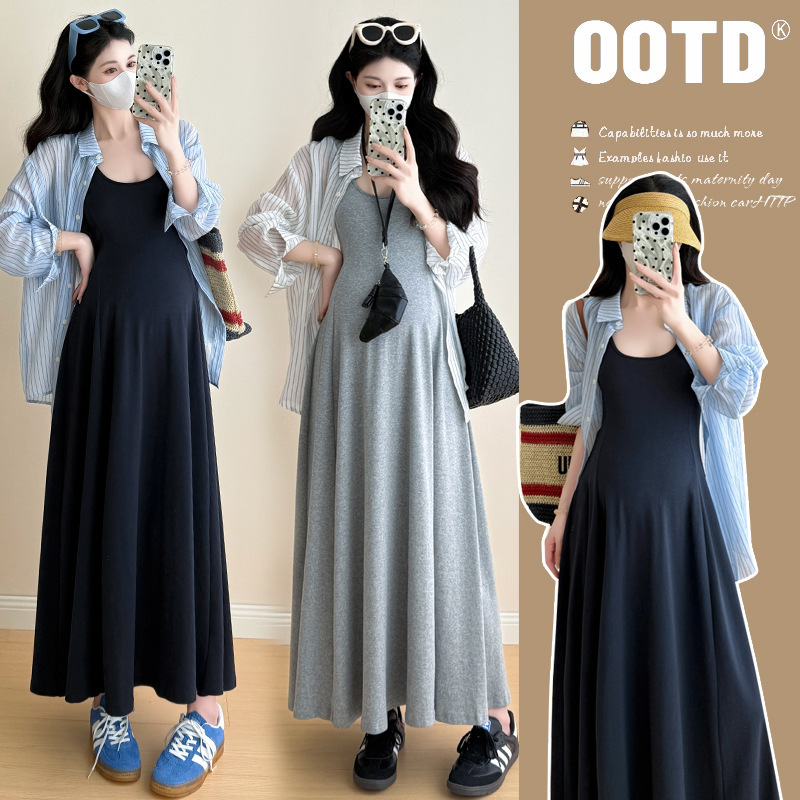 Actual Shot of Ready-Made 2025 New Summer Korean Style Slimming Look Maternity Dress + Stripesd Anti-Sun Shirt