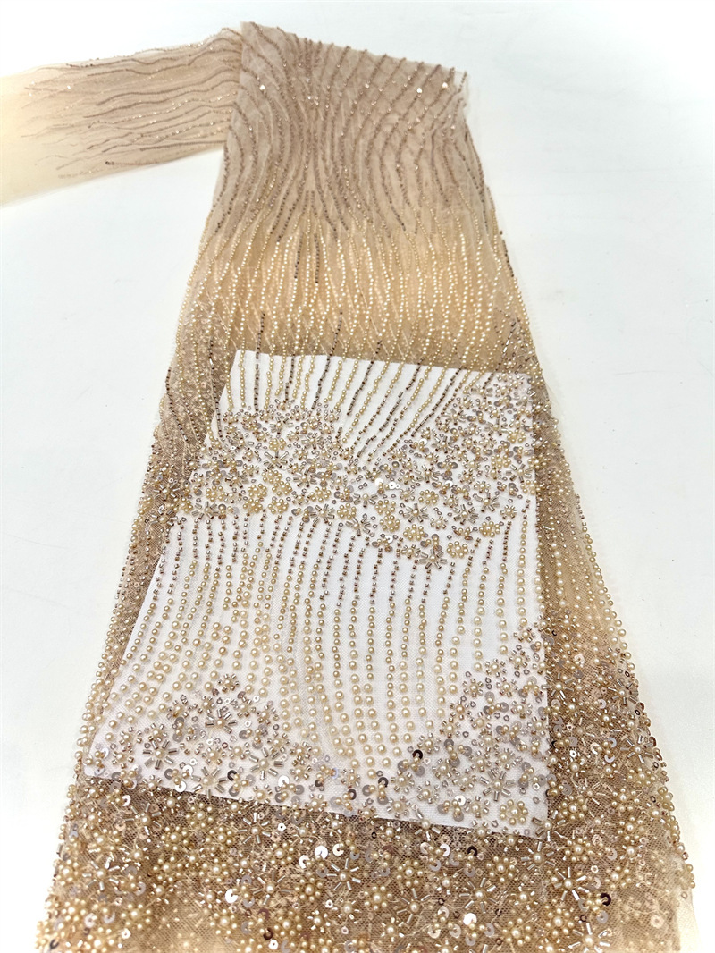 Industria pesada ligera lujoso vestido de boda tridimensional vestido de moda cena larga tela bordada alta perlas tela de lenteja