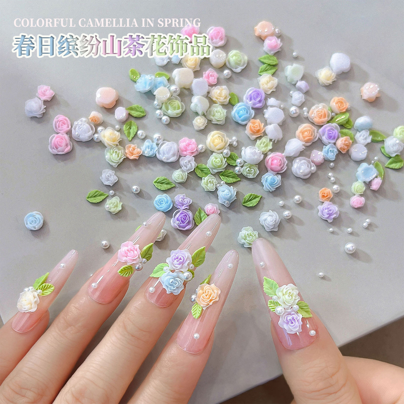 Spring nail art camellia accessories mixed set DIY soft carved colorful rose flowers and rose nail decorations