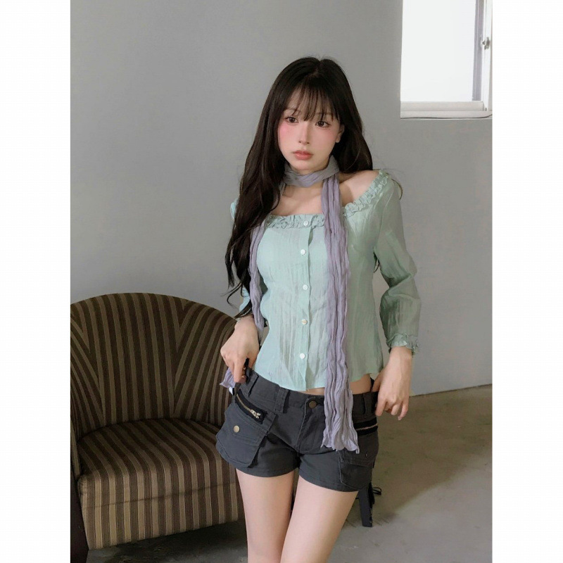 Gray heavy-duty versatile high-waisted denim shorts for women, multi-pocket workwear with zipper decoration, slimming A-line wide-leg hot pants