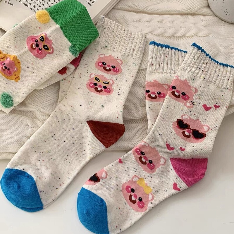 Korean style cute little beaver cartoon funny soft cute socks women's mid-calf length socks ins trendy preppy style lace stockings