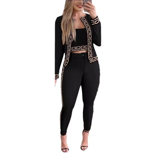 Creative Spring and Autumn European and American Street Style Fashion Women's Tank Top Open Jacket Tight Pants Three-Piece Set Best Selling