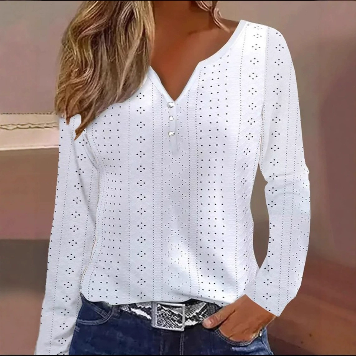 2023 Независимая станция желает Amazon взрывы осень новая рубашка с длинным рукавом с V-образным вырезом полая Однотонная рубашка с шитьем Женская