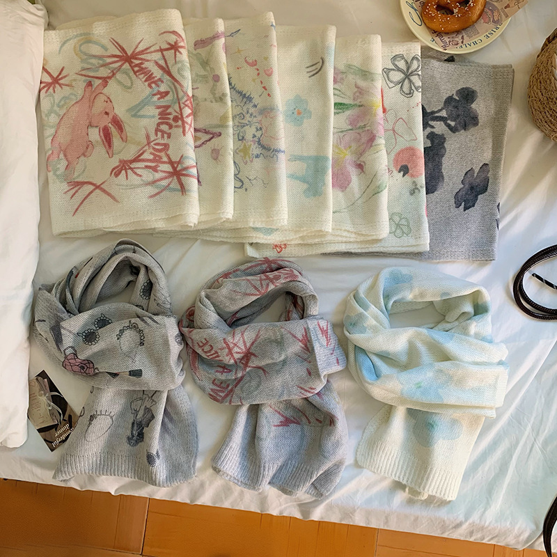 网红手绘插画原创水彩画马海毛混纺薄款印花围巾搭配围脖丝巾秋冬|undefined