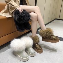 皮毛一体雪地靴女2025冬新款防滑厚底内水钻短靴加绒加厚毛毛棉鞋