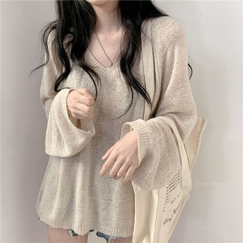 Gentle style Korean style Wear long-sleeved shirt for women's summer thin knitted sunscreen blouse soft milk blue top
