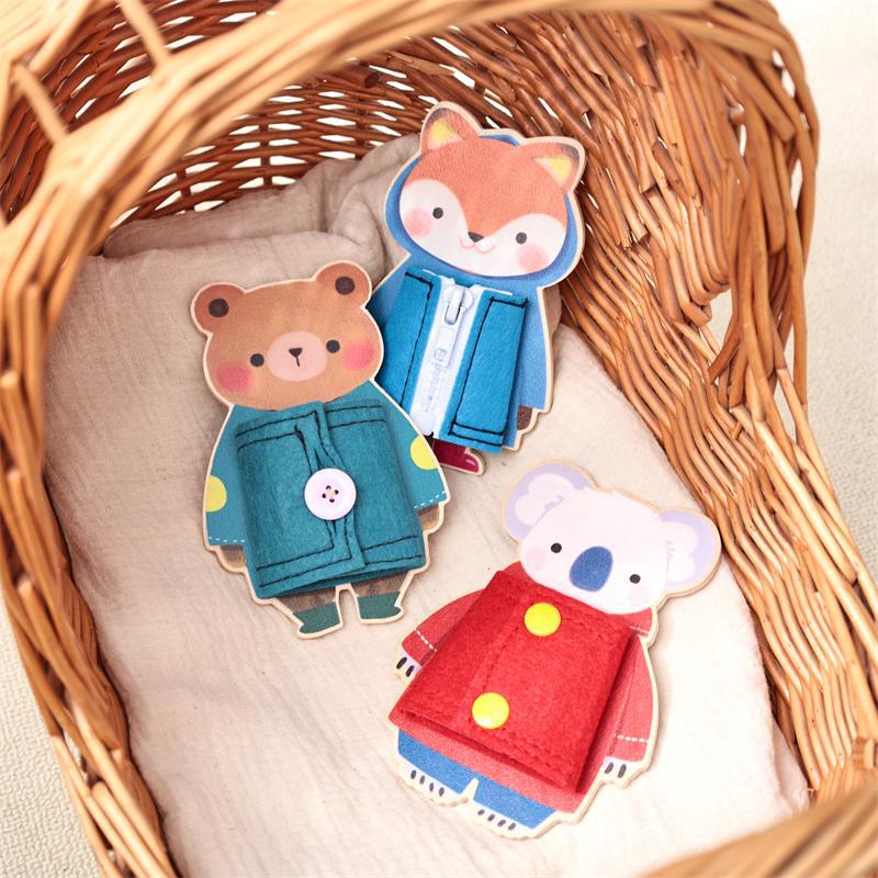 Cerebro manual puzzle animal pieza de madera vestir ropa ocupada placa botón cremallera cognitiva aprendizaje cognitivo animal juguete