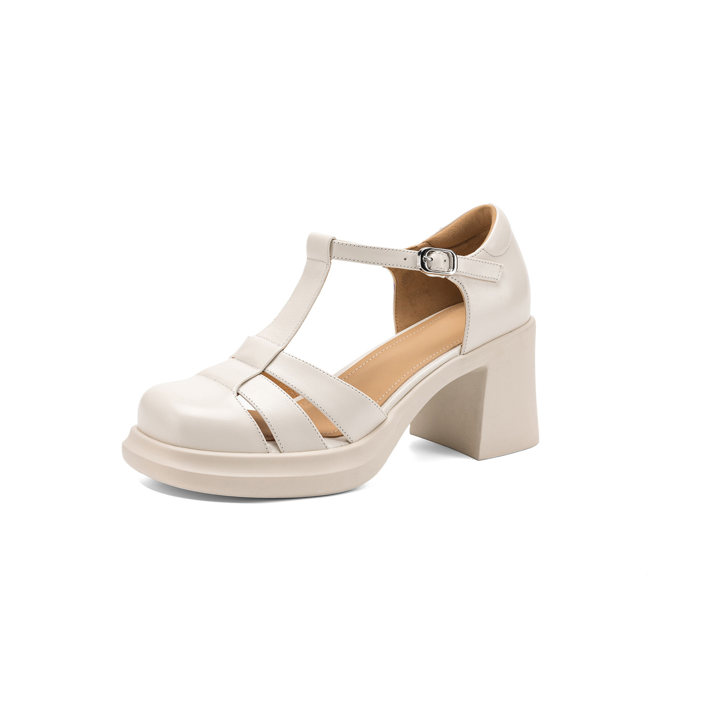 Sandal nữ cao gót phong cách La Mã, mũi kín gót kín, đế dày da bò, gót 7 cm — đen