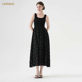 CANVAUS女装新品时尚U领雪纺提花流苏吊带背心连衣裙无袖中长裙