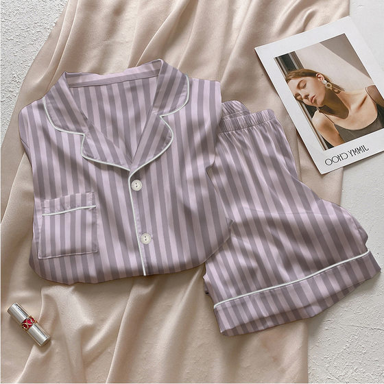 Simple striped summer ice silk short sleeve pajamas women's suit light luxury sweet taro purple white home clothes wholesale