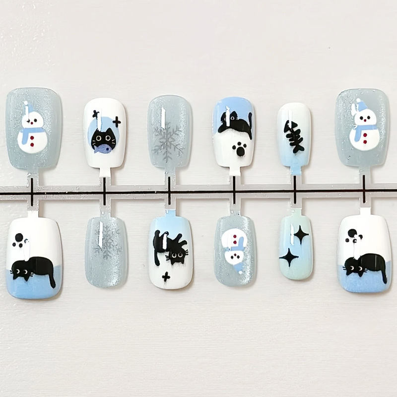 Cute Japanese-Style Cartoon Cat-Eye Nail Art with Snowman Stickers for Winter, Wholesale Nail Tips Cute Japanese-Style Cartoon Cat-Eye Nail Art with Snowman Stickers for Winter, Wholesale Nail Tips