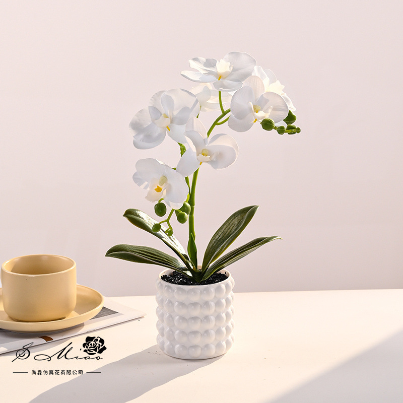 Flores artificiales con hojas, bonsái de orquídea mariposa de tacto real, pequeños adornos de decoración de interiores, suministro directo del fabricante, plantas verdes artificiales, plantas en maceta simuladas image 5