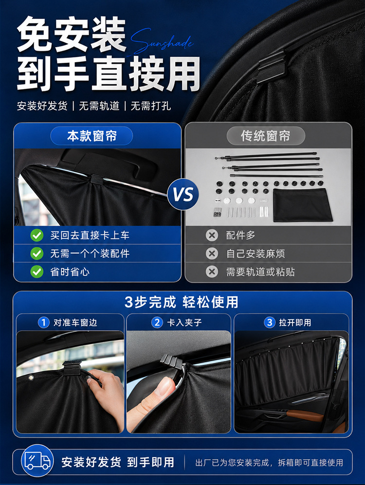 No-installation car curtains, in-car privacy sunshade, private sun protection side window fabric, retractable trackless car interior curtains
