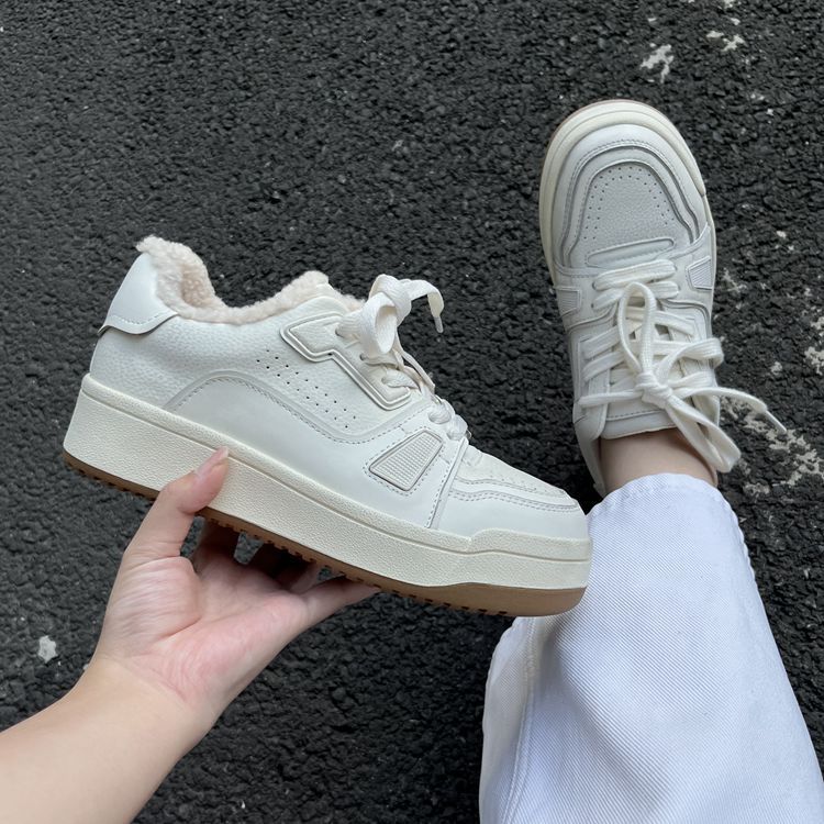 欧洲站2025新款厚底小白鞋女冬季加绒真皮休闲板鞋做旧系带板鞋