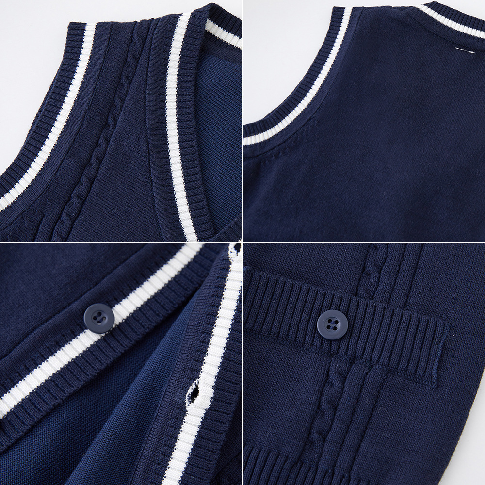 Contraste transfronterizo color giro medio y grande suéter de los niños Chaleco de Bolsillo falso Chaleco de punto de los niños cardigan uniforme escolar de las niñas