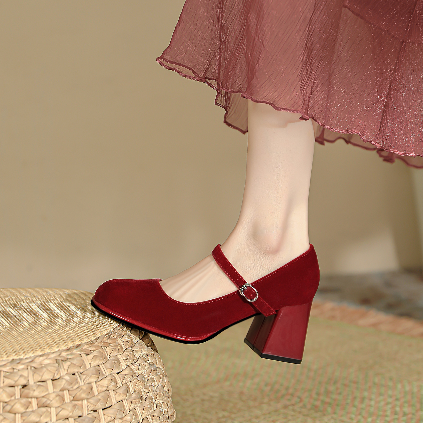 Mz-32 Red Mary Jane Bridal Shoes for Women, Small Size, Thick Heel, Round Toe Wedding Shoes, Elegant, Large Size, Fat Feet, Wide Feet 41 43