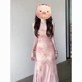 时尚感渲染碎花连衣裙女夏季超仙粉色纱裙性感包臀收腰修身鱼尾裙