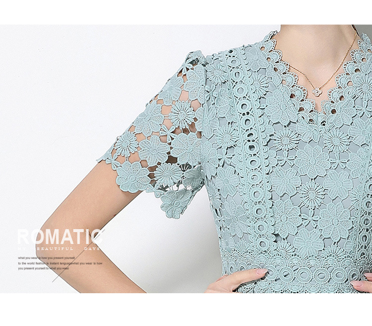 Đầm maxi nữ cổ V ren thắt eo tay ngắn họa tiết rỗng — màu đen, Rượu vang đỏ, màu hồng đậm, màu trắng chi tiết 61