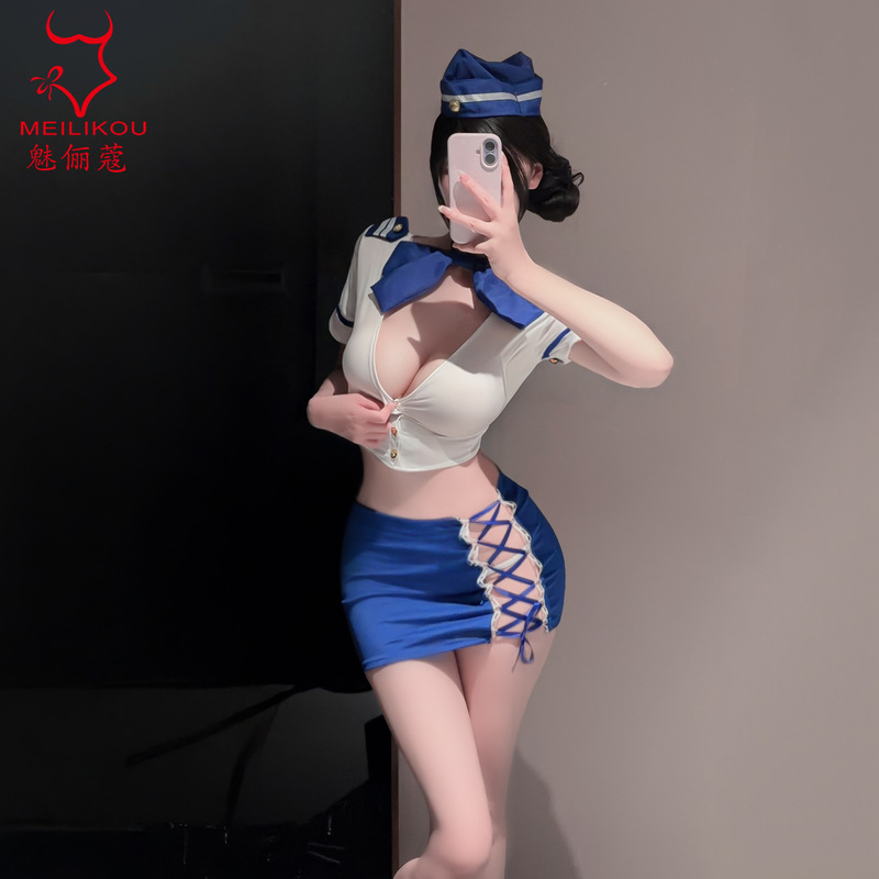 Sexy Lingerie with Deep V-Neck, Hot Girl Stewardess Uniform, Role-Playing, Strappy Temptation, Bodycon Skirt Set 2348 Sexy Lingerie with Deep V-Neck, Hot Girl Stewardess Uniform, Role-Playing, Strappy Temptation, Bodycon Skirt Set 2348