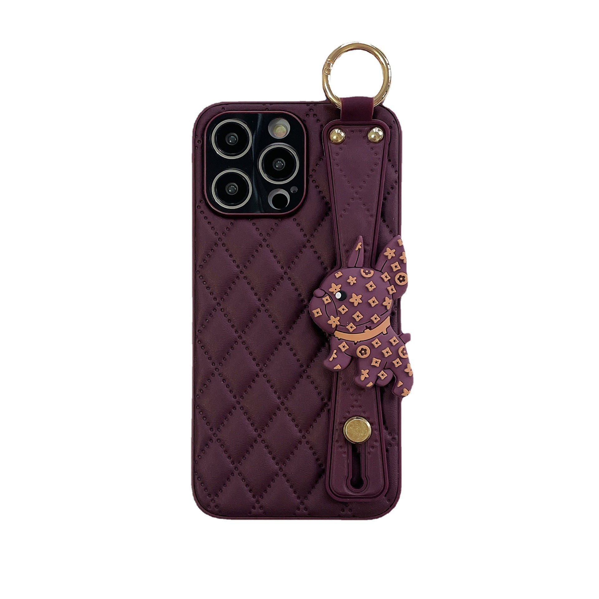Ốp lưng điện thoại iPhone 16 Pro Max phong cách thời trang, có giá đỡ và dây đeo tay — Dây đeo tay hình thoi màu tím đậm, Dây đeo tay chó chiến đấu hình thoi màu tím đậm