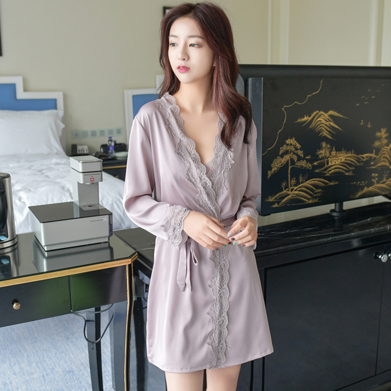 봄과 가을 섹시한 슬링 잠옷 긴팔 잠옷 세트 여름 얼음 새싹 실크 여자의 가정 옷 순수한 스타일 잠옷