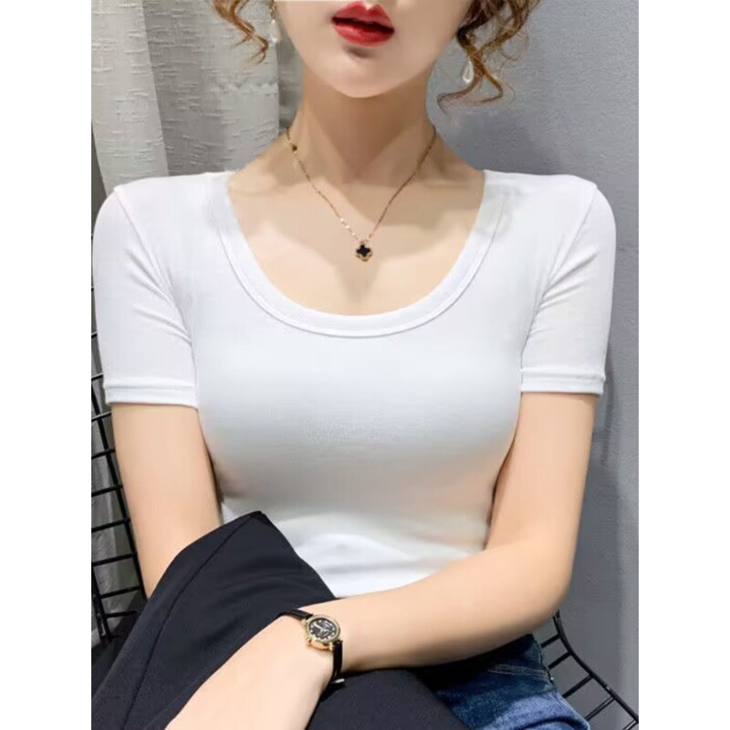 Ribbed Cotton U-Neck Short-Sleeve T-Shirt for Women, Slim Fit Top, New Summer Style, Round Neck, Solid Color, Stretchy Half-Sleeve Base Shirt