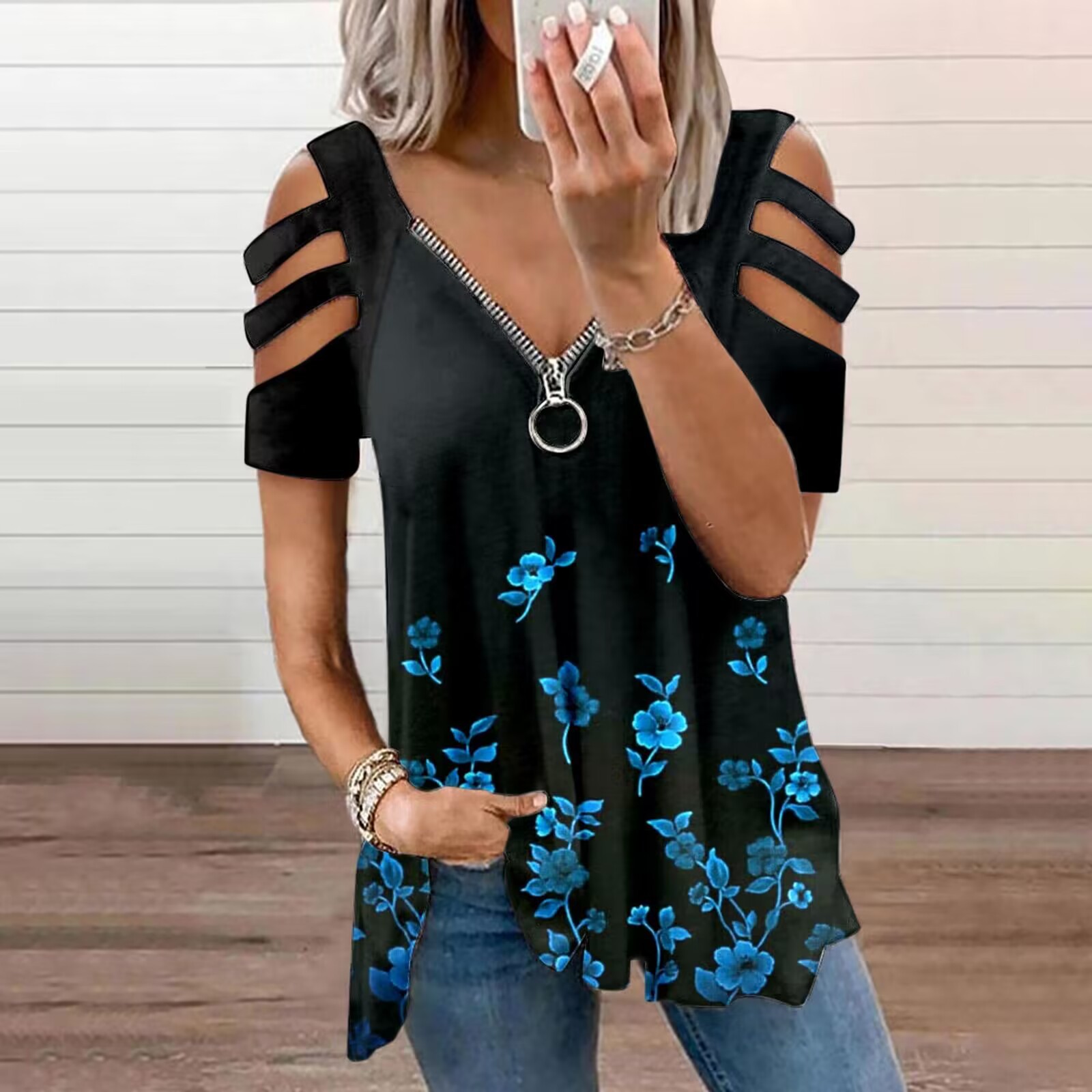 牛奶丝2023V领拉链短袖女夏薄款宽松上衣潮流厂家直销