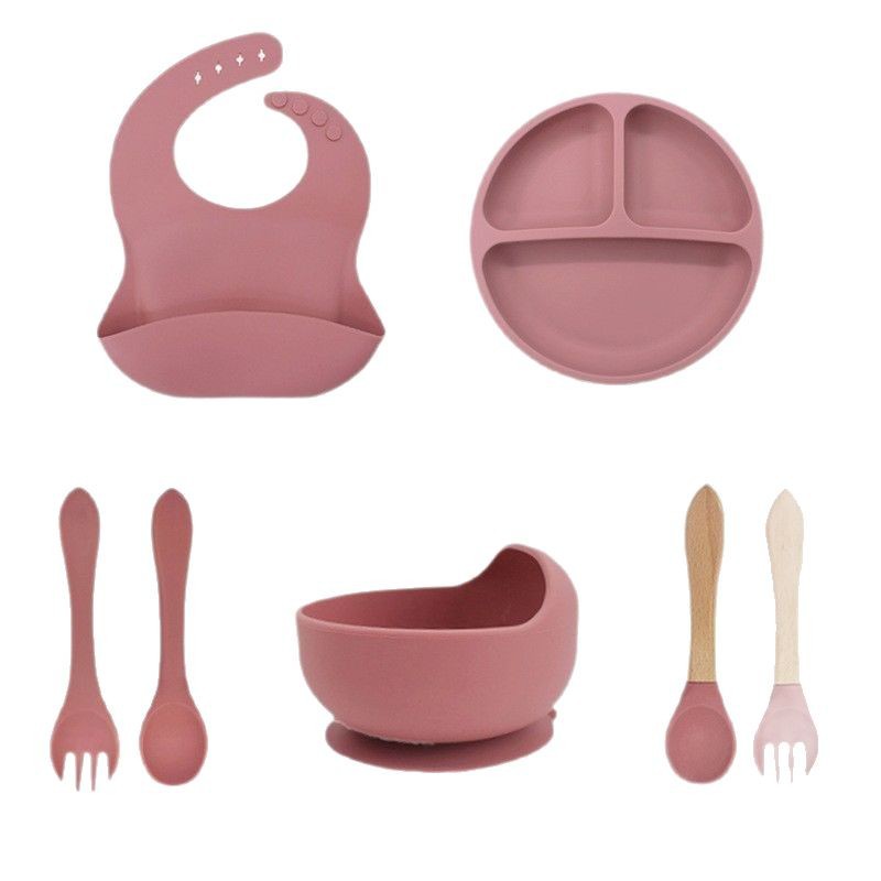 Vajilla para niños Juego de silicona de 5 piezas Juego de ventosas para madres y bebés Tazón de alimentos complementarios Babero Tenedor Cuchara Spot transfronterizo resistente a caídas