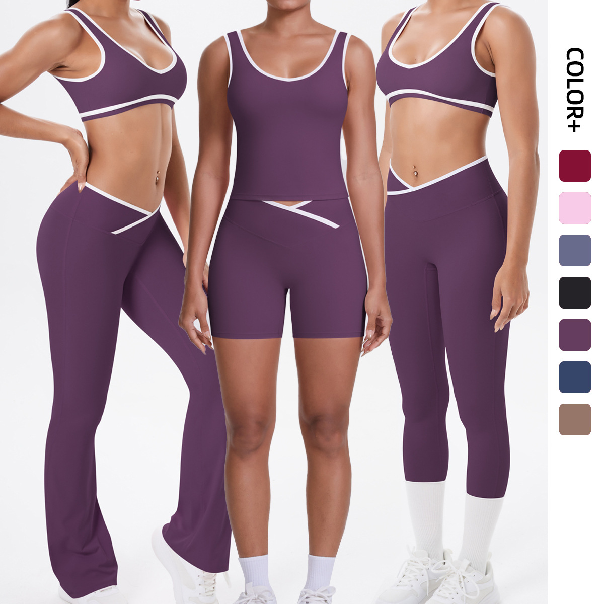 Nuevo cross-border color cruzado ajustado abrasivo conjunto de yoga elástico para correr entrenamiento transpirable set de cinco piezas