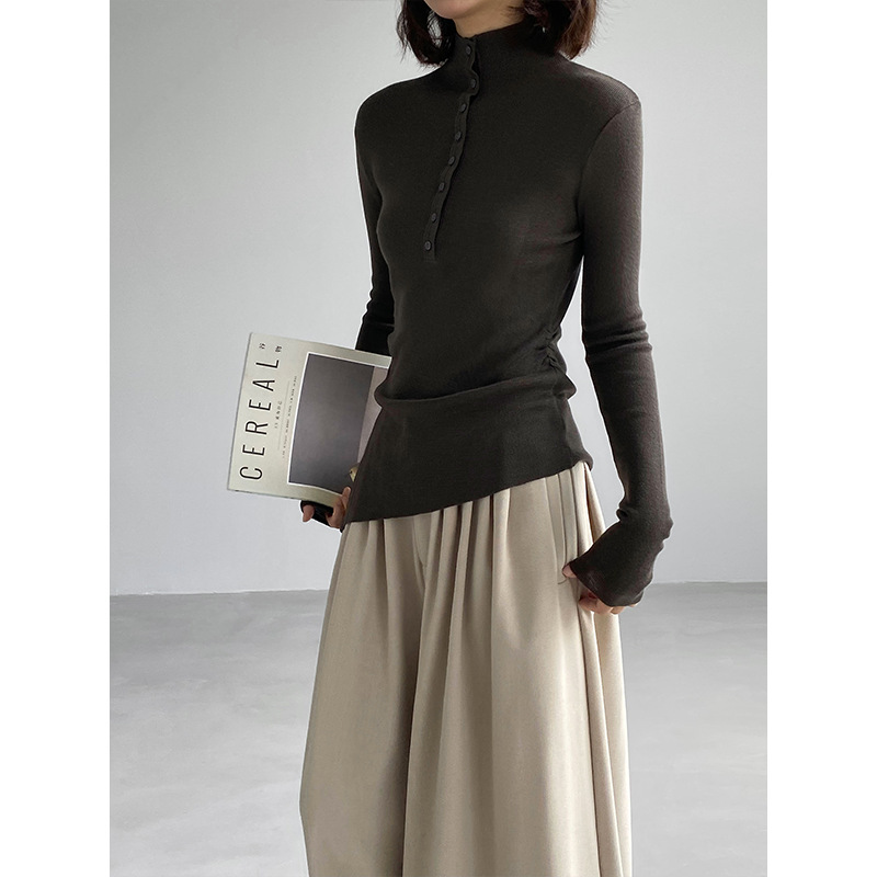Jiangzuo women's versatile half-high collar, waist-cinching knitted sweater for autumn and winter, slim fit, irregular design, A112
