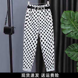 2025夏季新款欧洲站欧货弹力休闲裤女薄款高腰印花波点九分哈伦裤